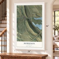 Morrison, Colorado map, 24 x 36 inch print in a white frame by a staircase