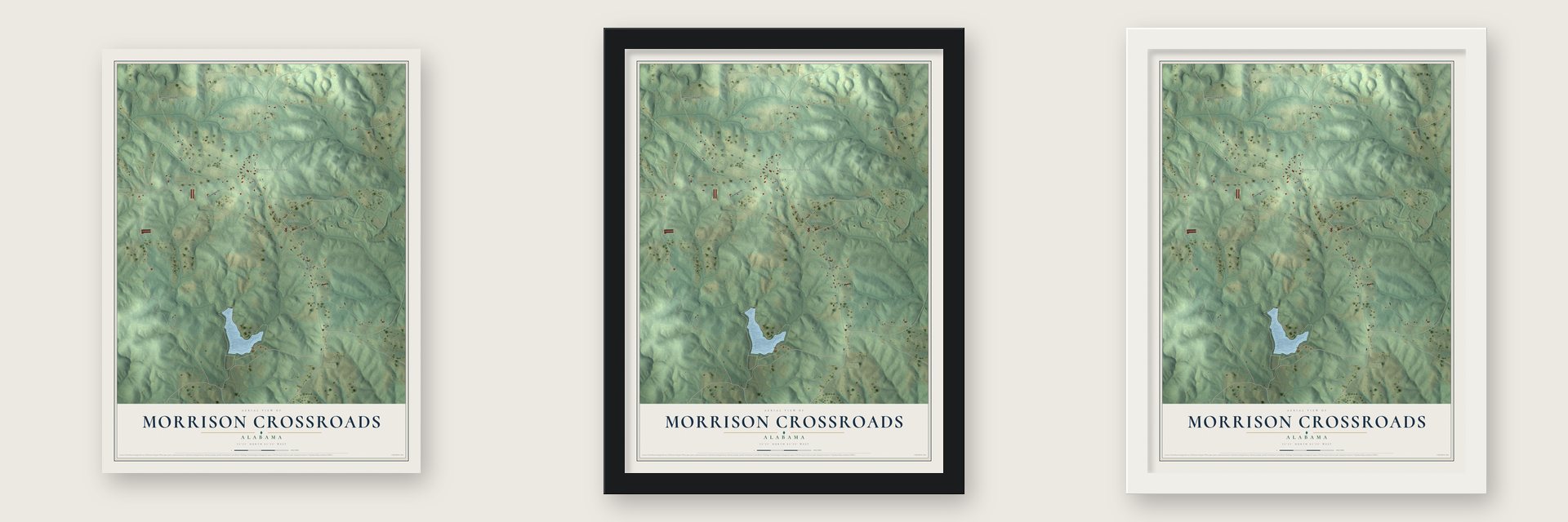 Morrison Crossroads, Alabama map unframed, in a black wood frame and in a white wood frame