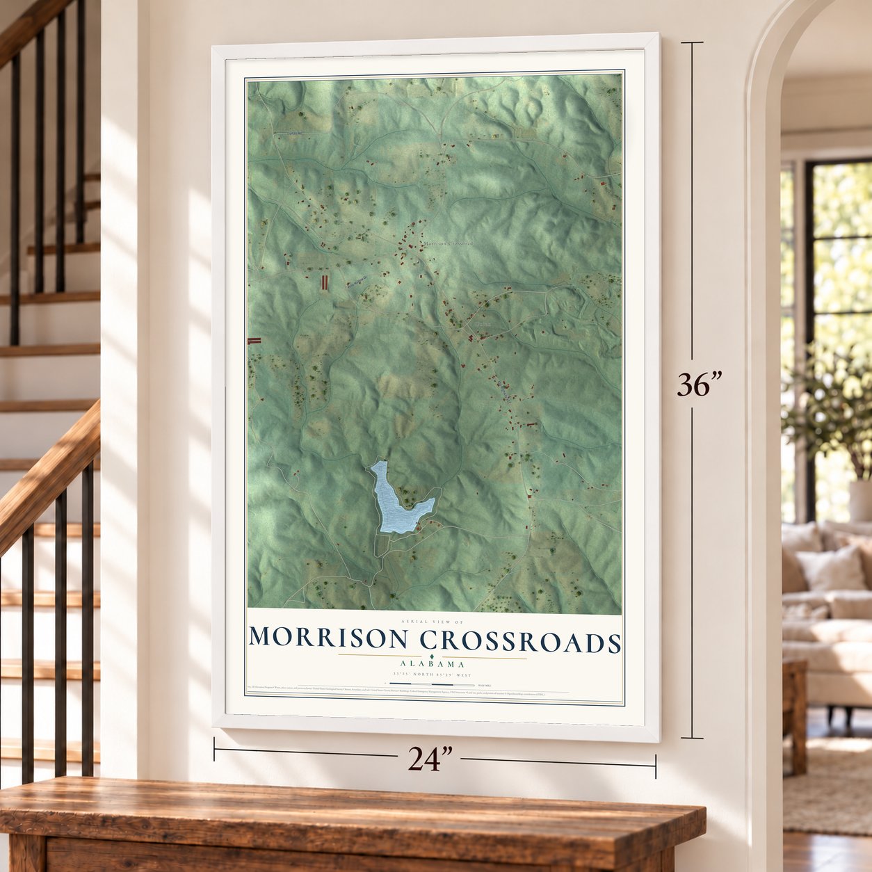 Morrison Crossroads, Alabama map, 24 x 36 inch print in a white frame by a staircase