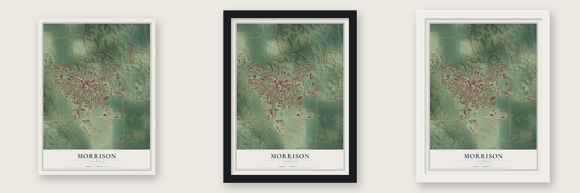 Morrison, Illinois map unframed, in a black wood frame and in a white wood frame