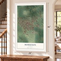 Morrison, Illinois map, 24 x 36 inch print in a white frame by a staircase