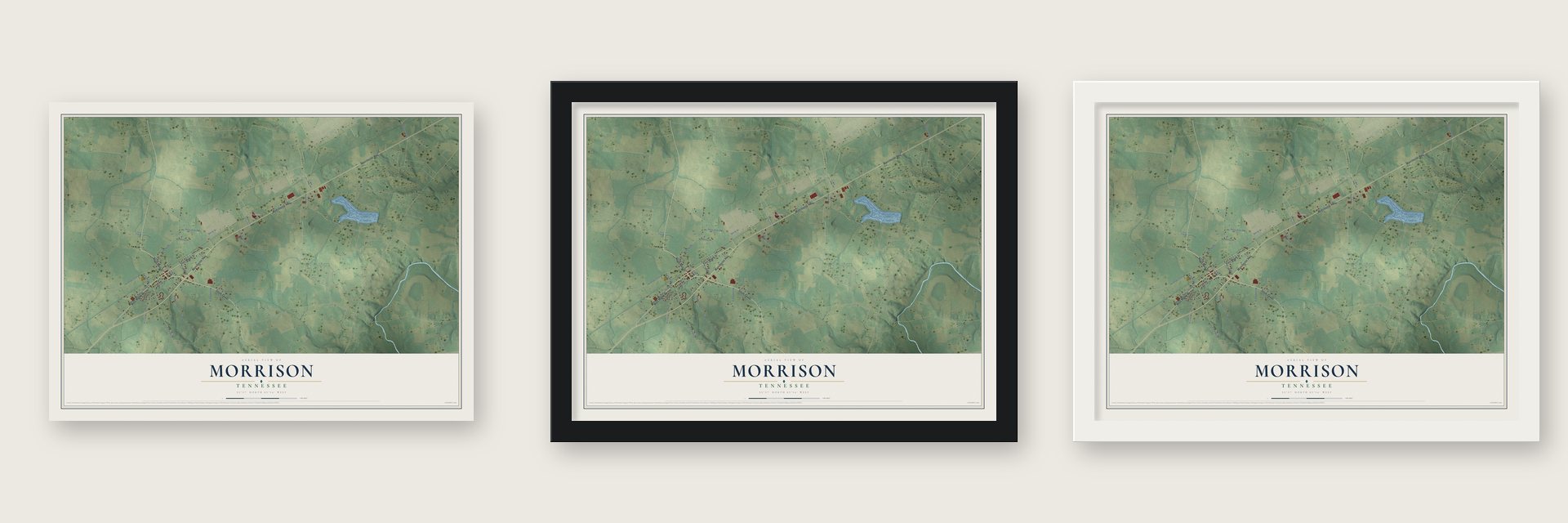 Morrison, Tennessee map unframed, in a black wood frame and in a white wood frame