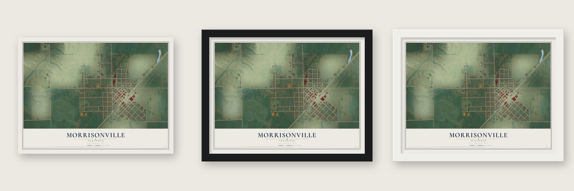 Morrisonville, Illinois map unframed, in a black wood frame and in a white wood frame