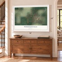 Morrisonville, Illinois map, 24 x 36 inch print in a white frame above a dresser by a staircase