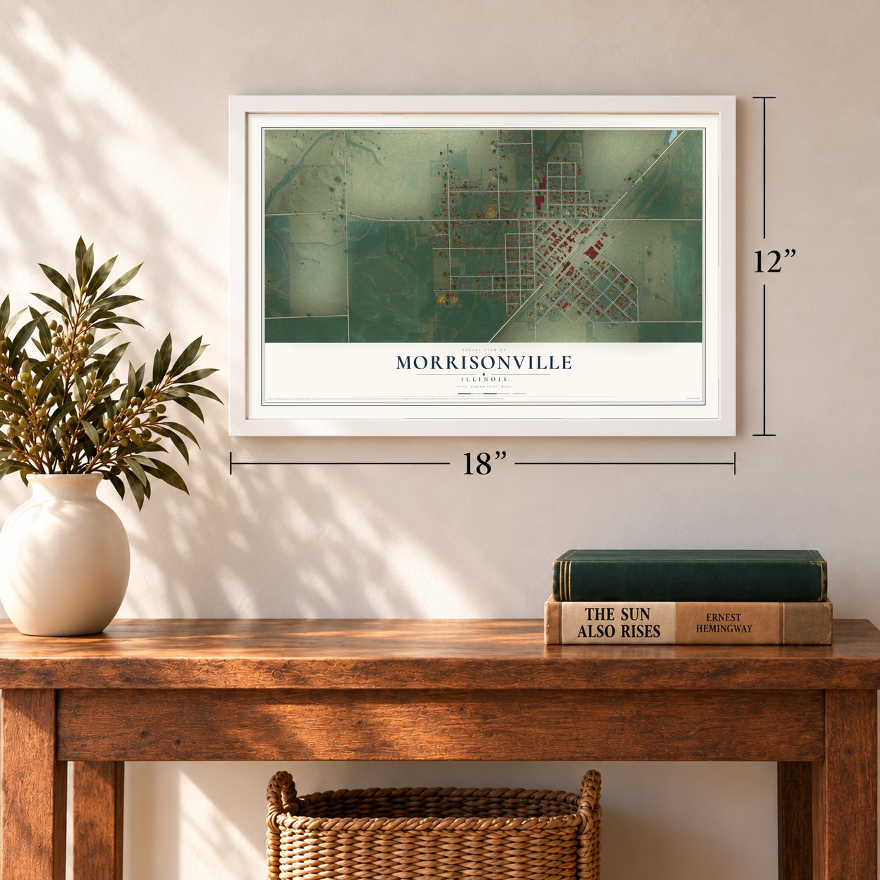Morrisonville, Illinois map, 12 x 18 inch print in a white frame in an entryway