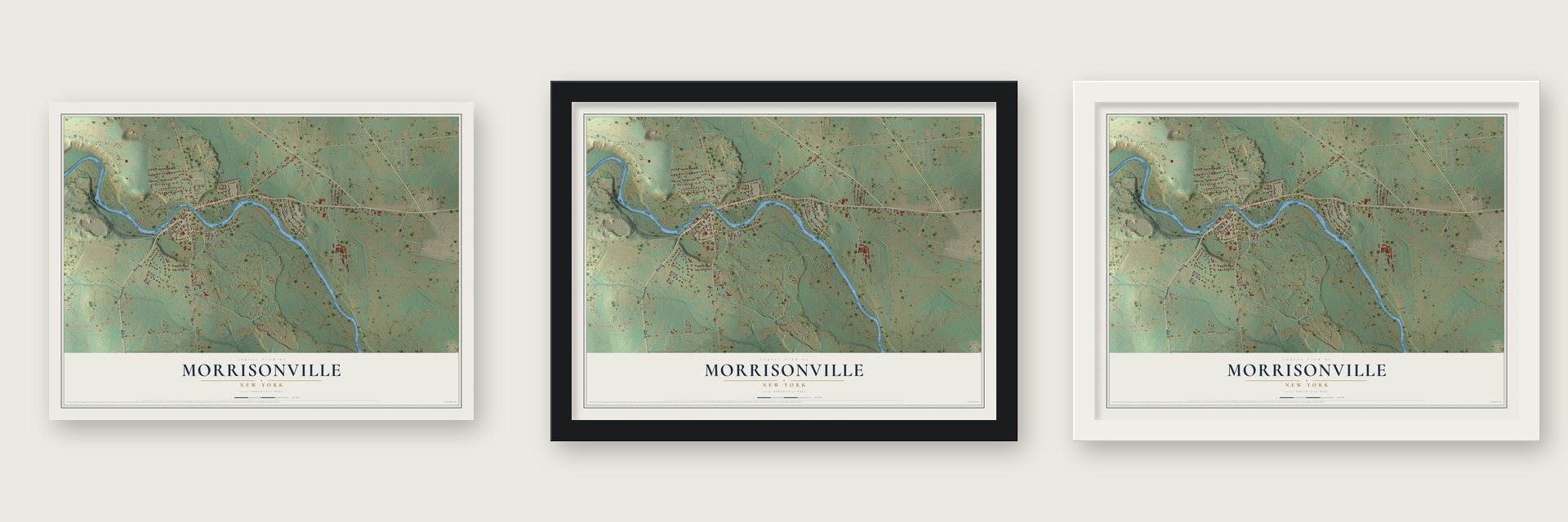 Morrisonville, New York map unframed, in a black wood frame and in a white wood frame
