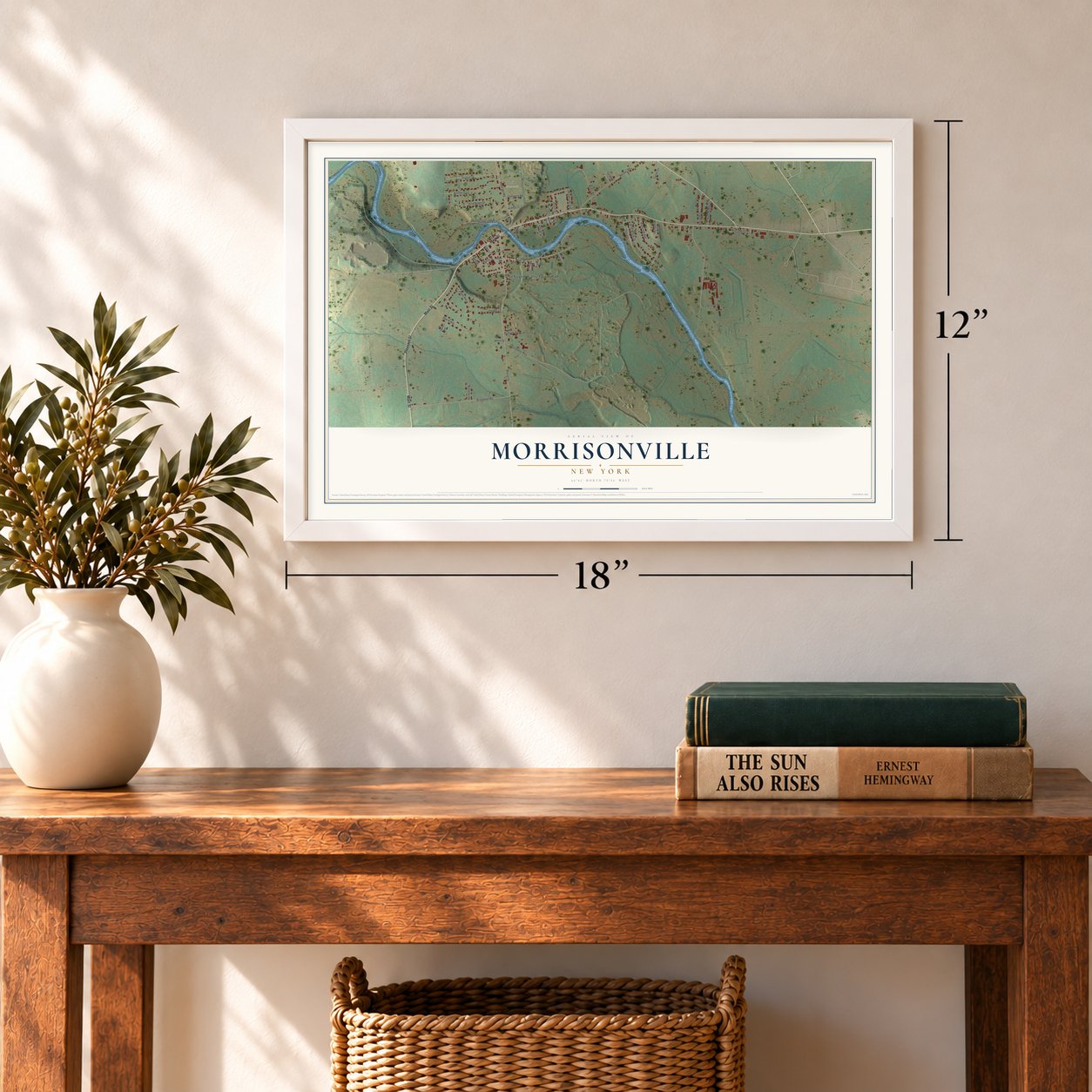 Morrisonville, New York map, 12 x 18 inch print in a white frame in an entryway