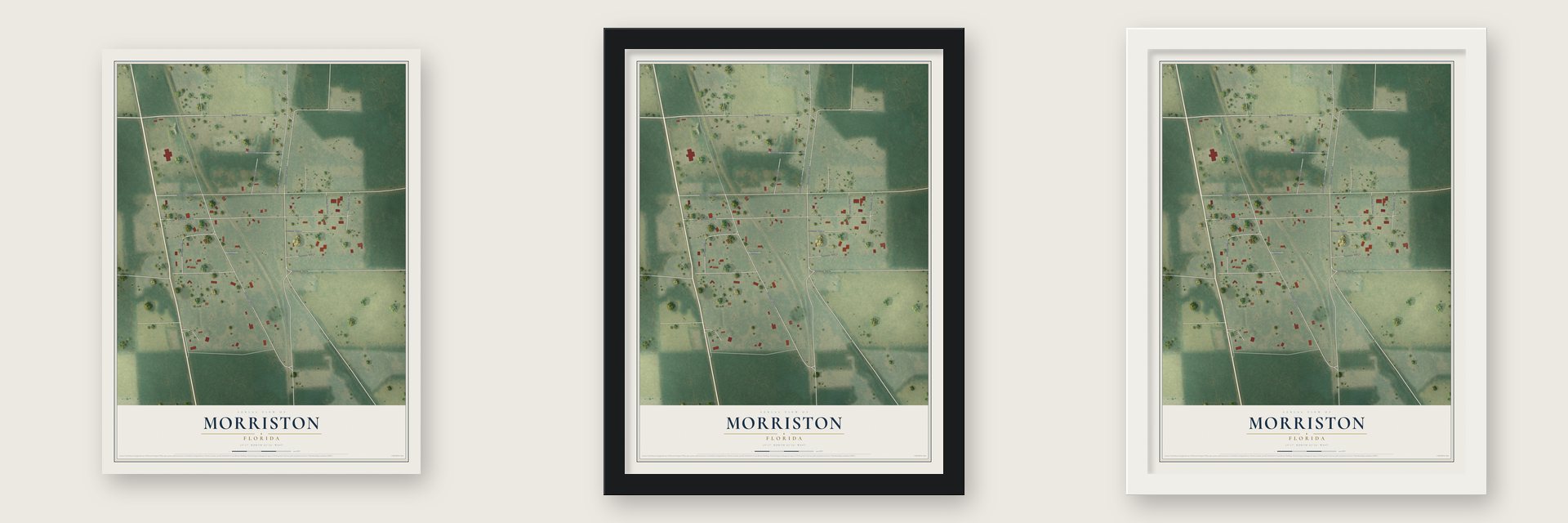 Morriston, Florida map unframed, in a black wood frame and in a white wood frame