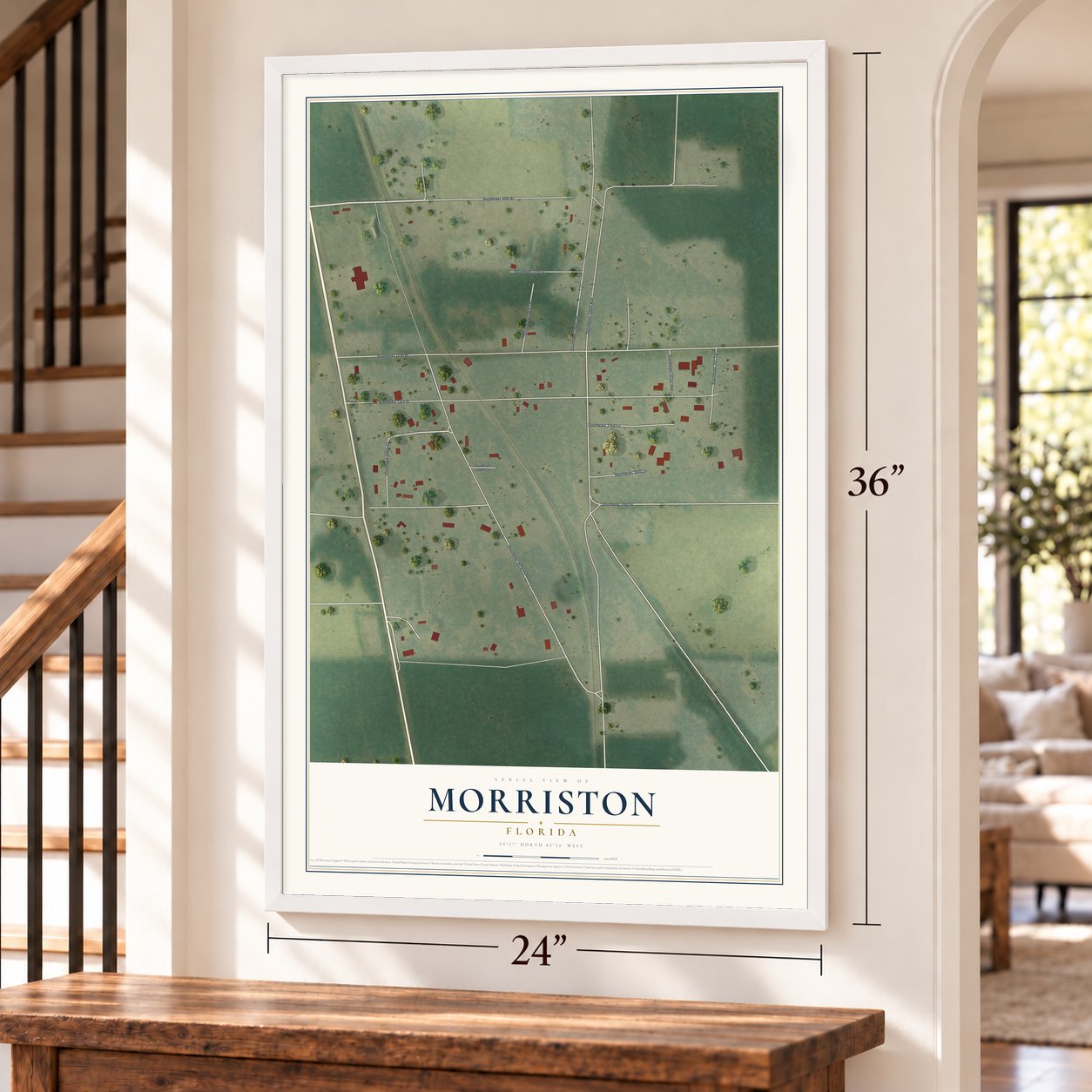 Morriston, Florida map, 24 x 36 inch print in a white frame by a staircase