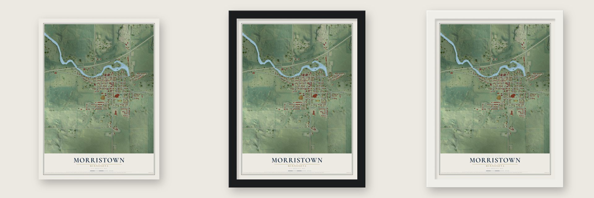 Morristown, Minnesota map unframed, in a black wood frame and in a white wood frame
