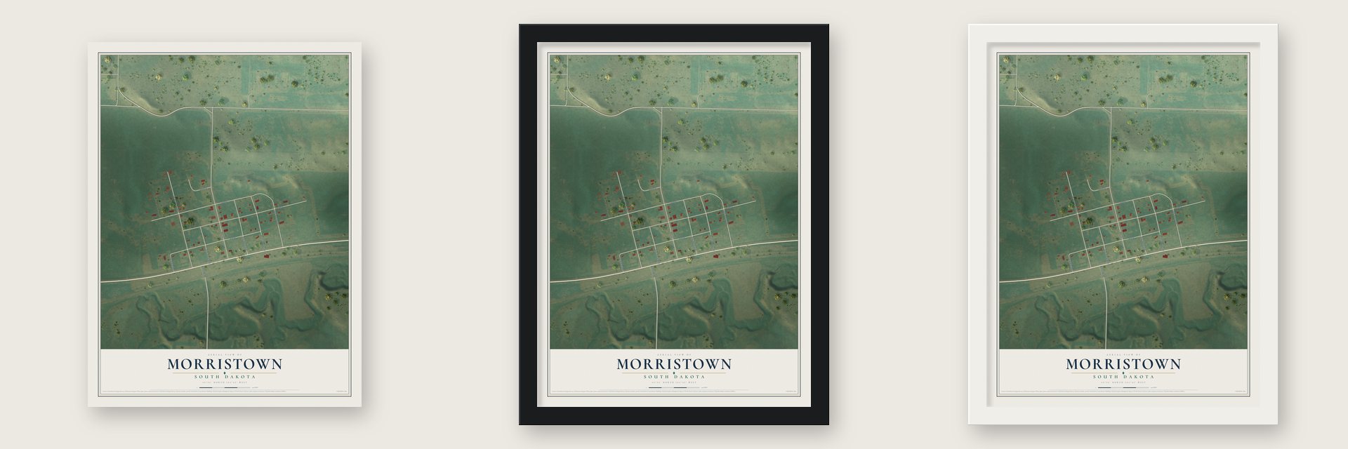 Morristown, South Dakota map unframed, in a black wood frame and in a white wood frame