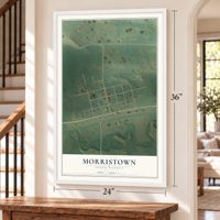 Morristown, South Dakota map, 24 x 36 inch print in a white frame by a staircase