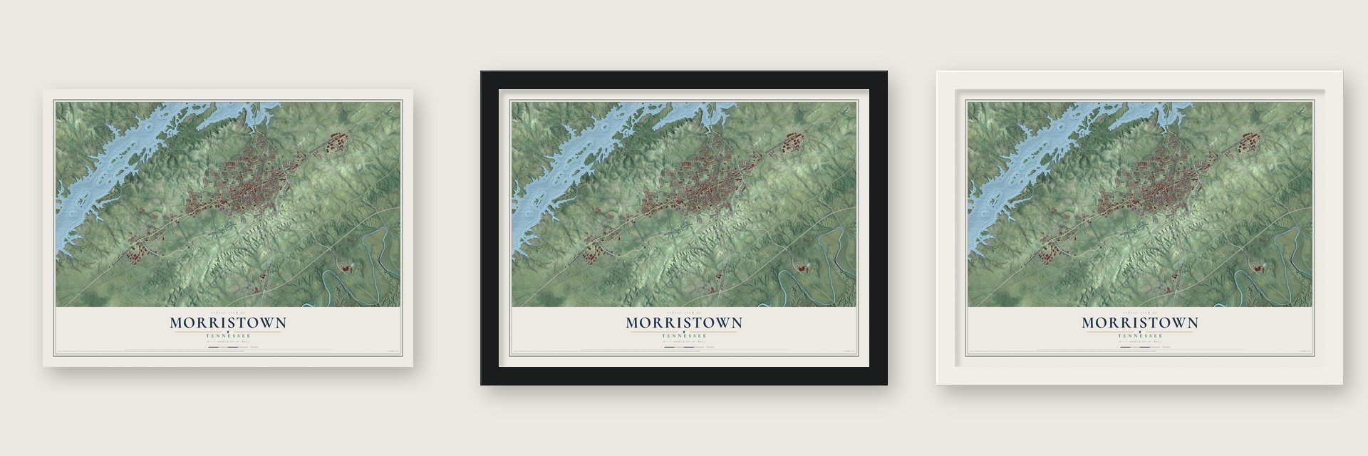 Morristown, Tennessee map unframed, in a black wood frame and in a white wood frame