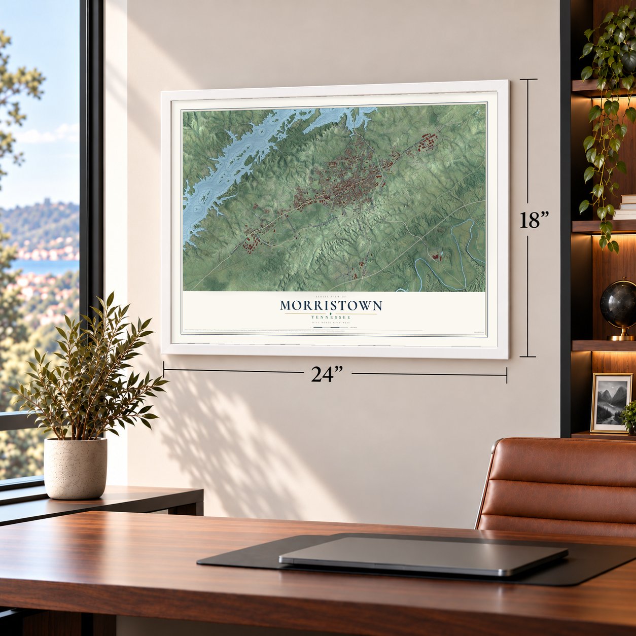 Morristown, Tennessee map, 18 x 24 inch print in a white frame in a home office