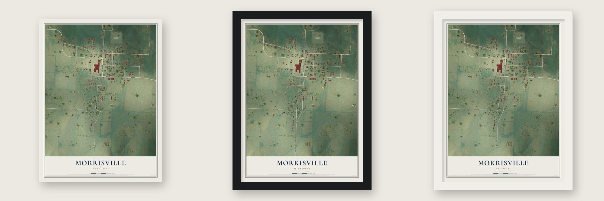 Morrisville, Missouri map unframed, in a black wood frame and in a white wood frame