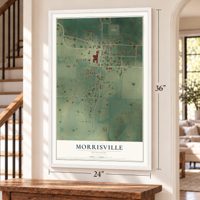 Morrisville, Missouri map, 24 x 36 inch print in a white frame by a staircase