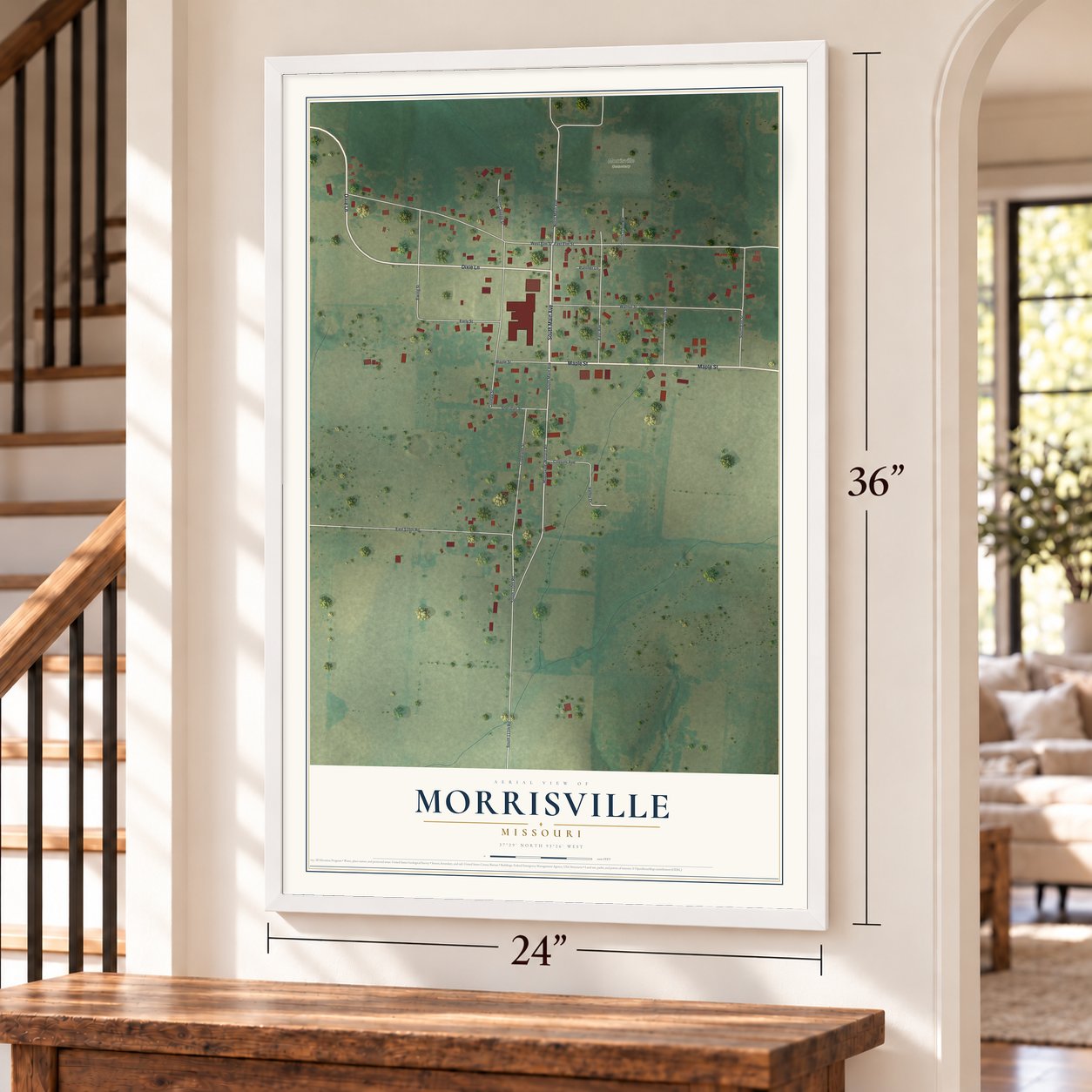 Morrisville, Missouri map, 24 x 36 inch print in a white frame by a staircase