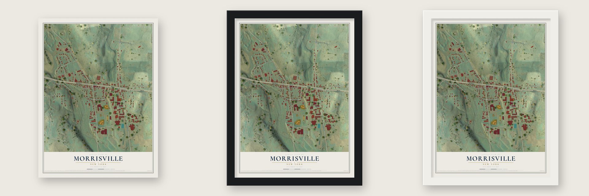 Morrisville, New York map unframed, in a black wood frame and in a white wood frame