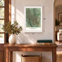 Morrisville, New York map, 12 x 18 inch print in a white frame in an entryway
