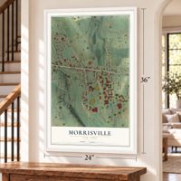 Morrisville, New York map, 24 x 36 inch print in a white frame by a staircase