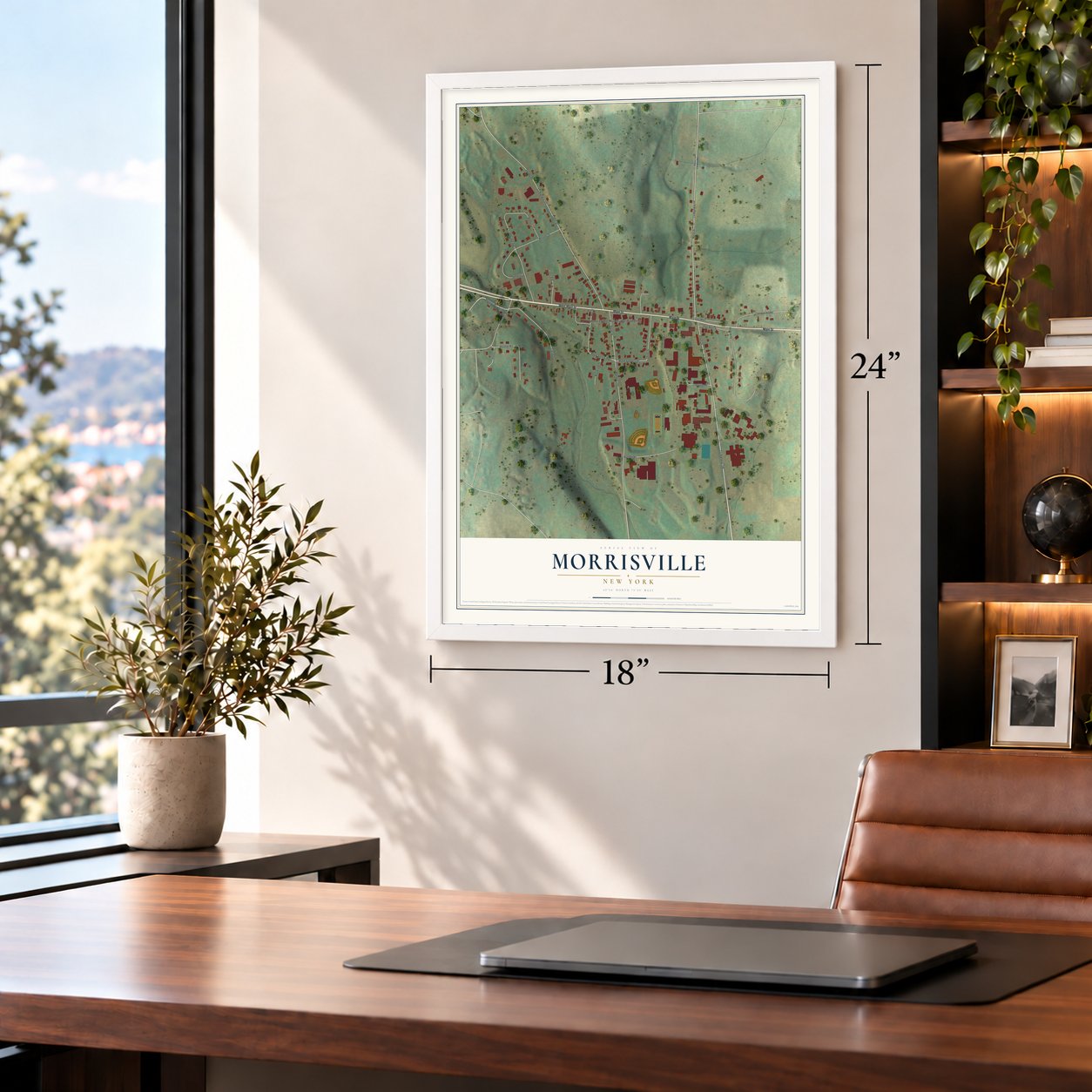 Morrisville, New York map, 18 x 24 inch print in a white frame in a home office