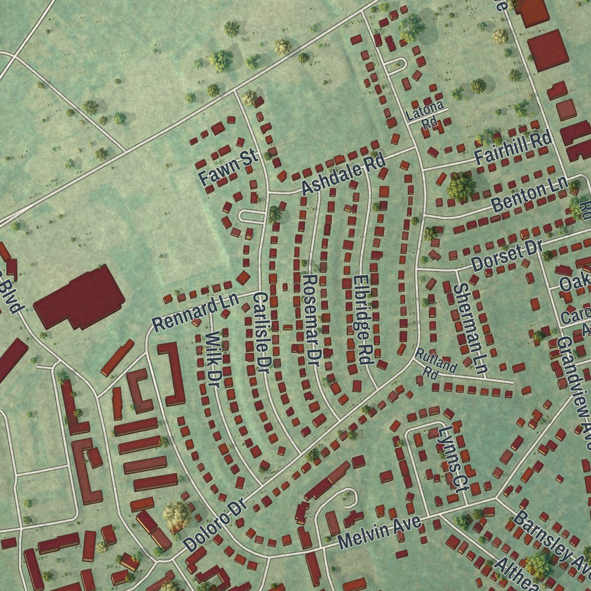 Second close-up of the map of Morrisville, Pennsylvania print showing more streets and buildings