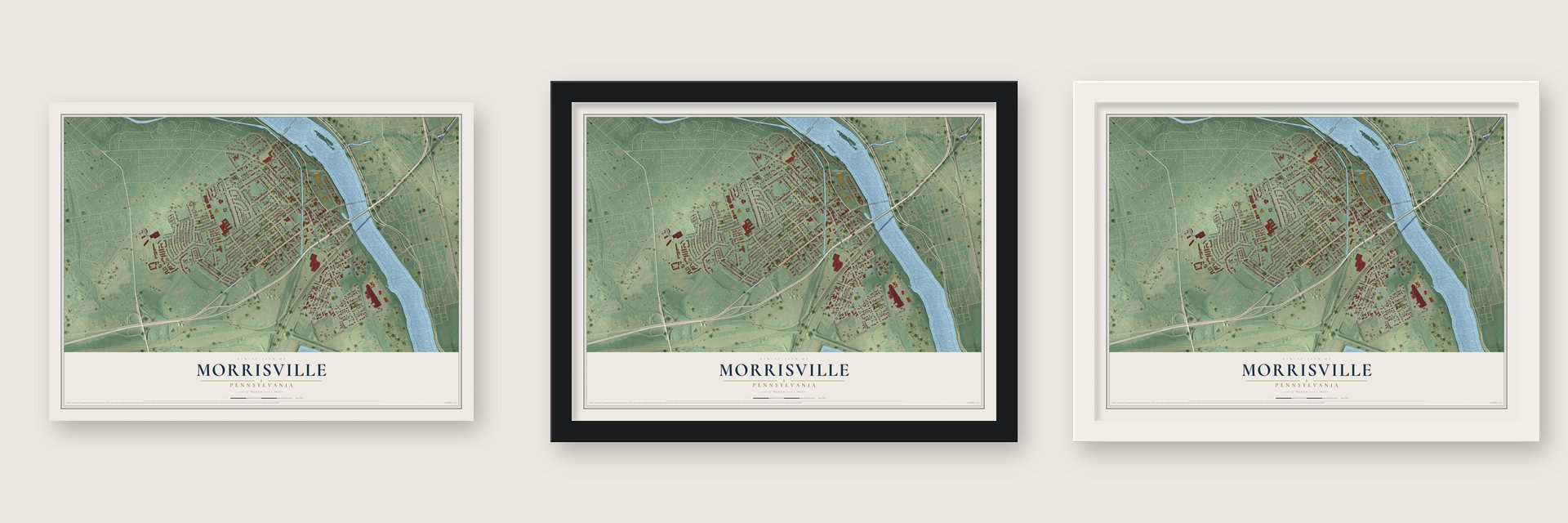 Morrisville, Pennsylvania map unframed, in a black wood frame and in a white wood frame
