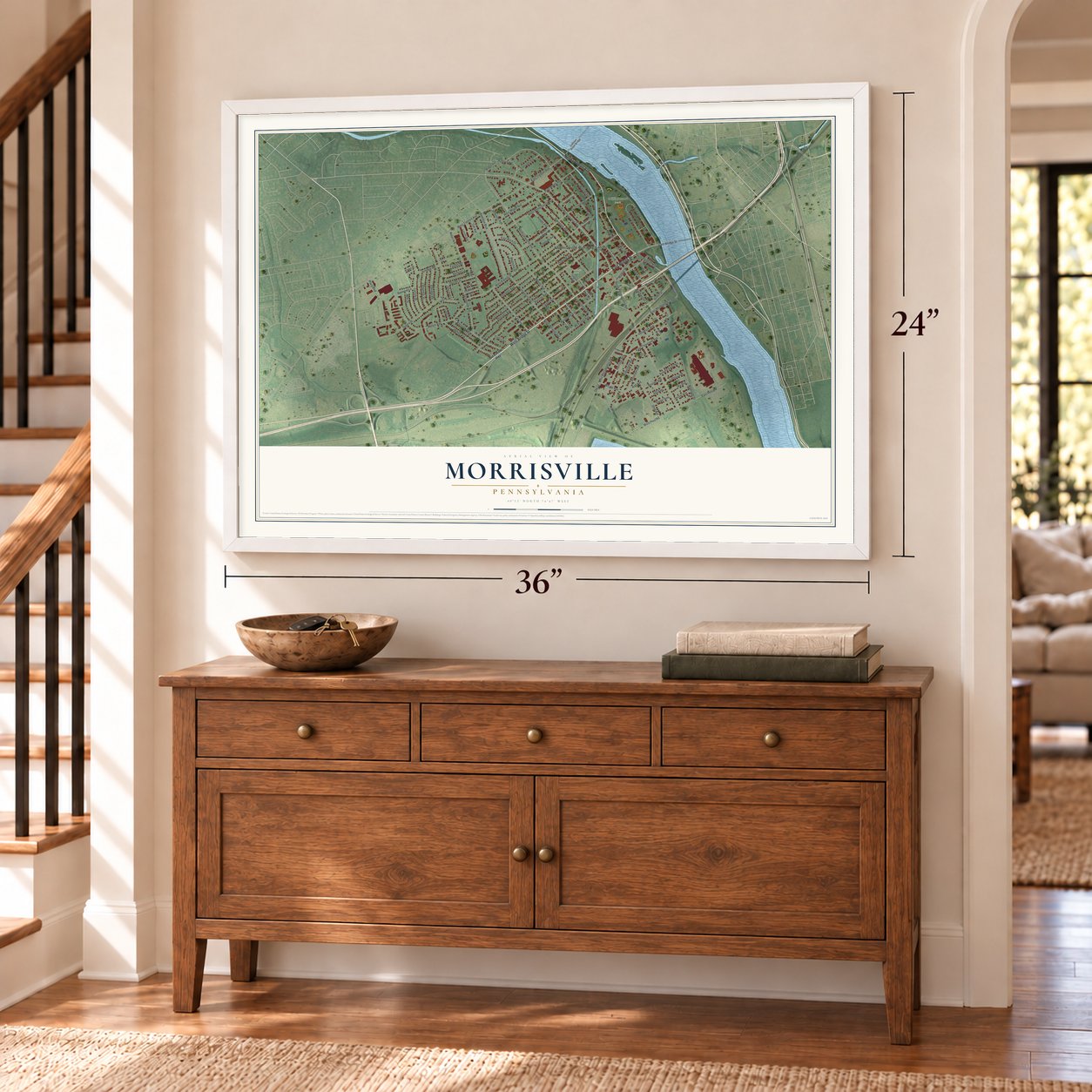 Morrisville, Pennsylvania map, 24 x 36 inch print in a white frame above a dresser by a staircase