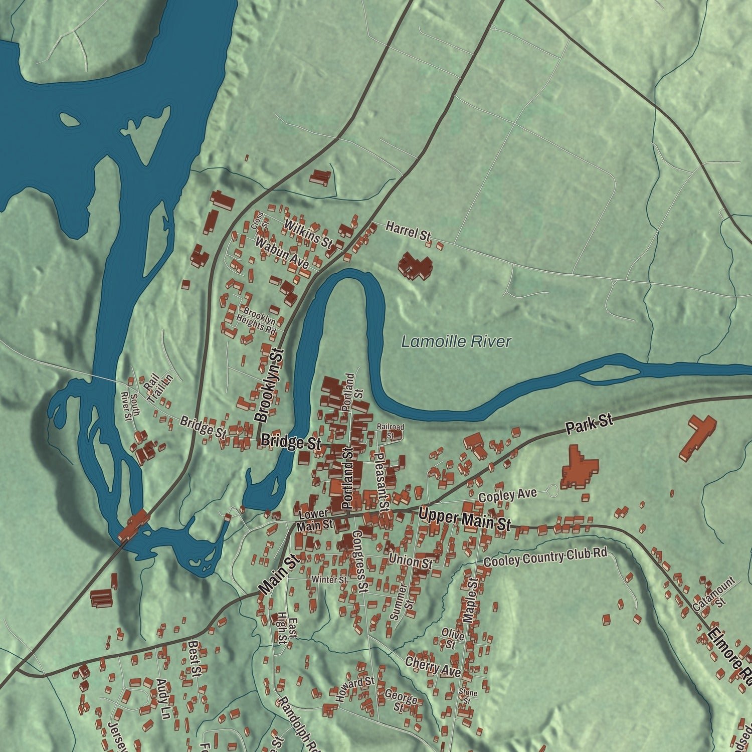 Close-up of the map of Morrisville, Vermont print showing terrain and local geography
