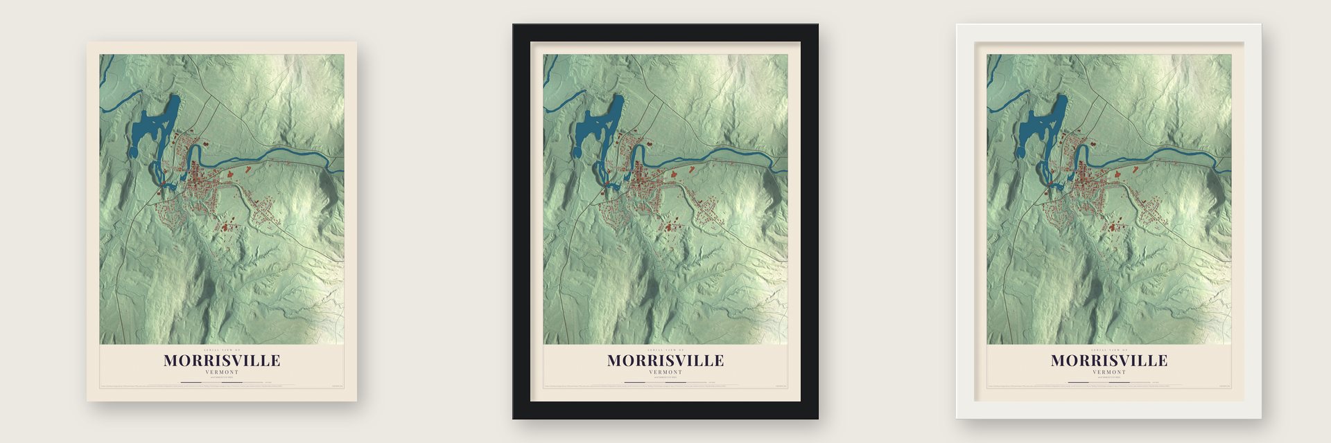 Morrisville, Vermont map unframed, in a black wood frame and in a white wood frame