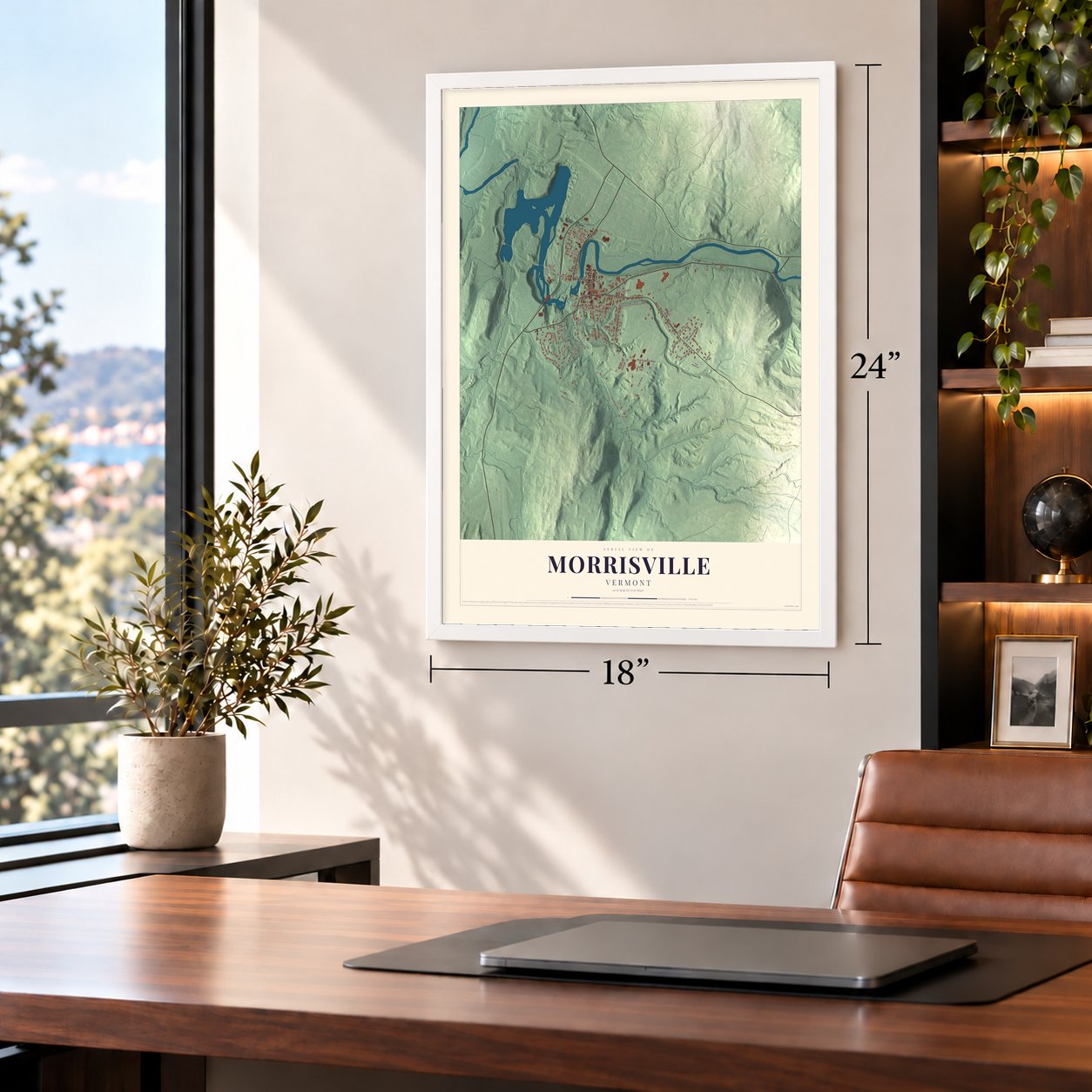 Morrisville, Vermont map, 18 x 24 inch print in a white frame in a home office