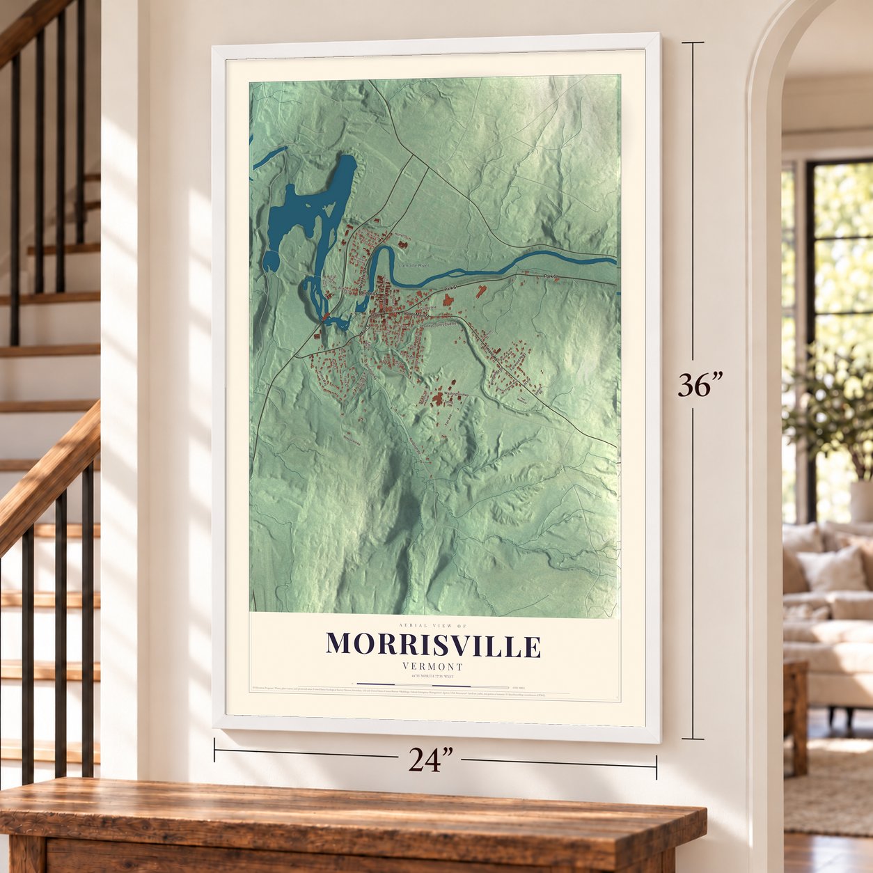Morrisville, Vermont map, 24 x 36 inch print in a white frame by a staircase