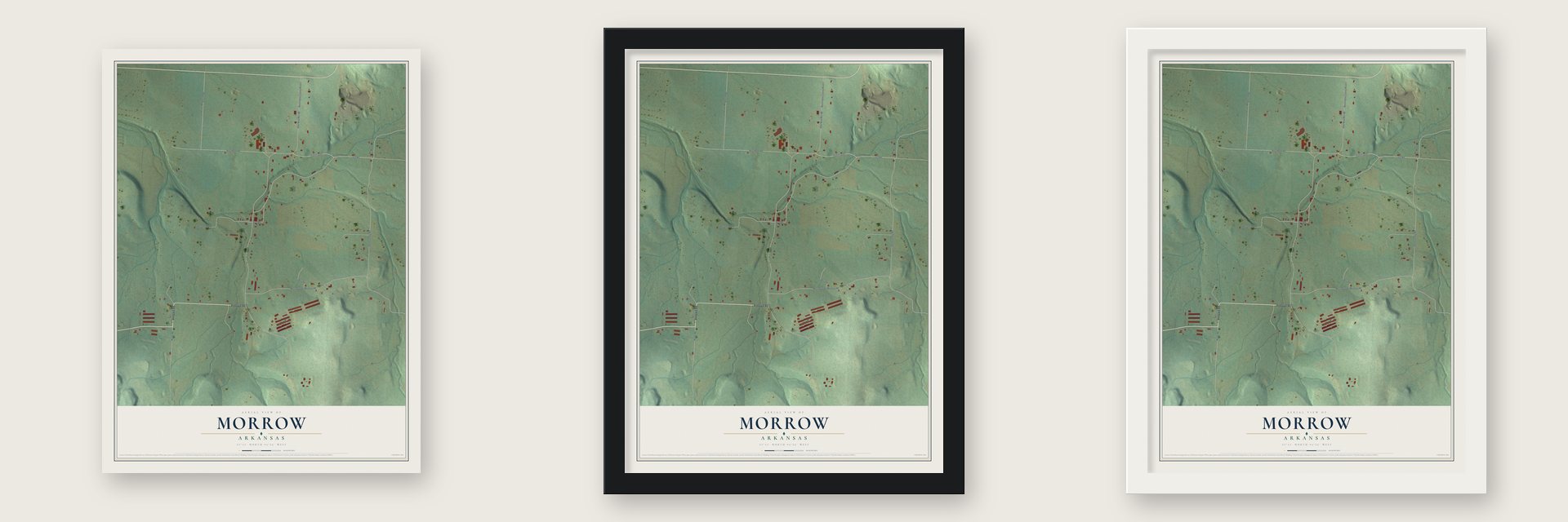Morrow, Arkansas map unframed, in a black wood frame and in a white wood frame