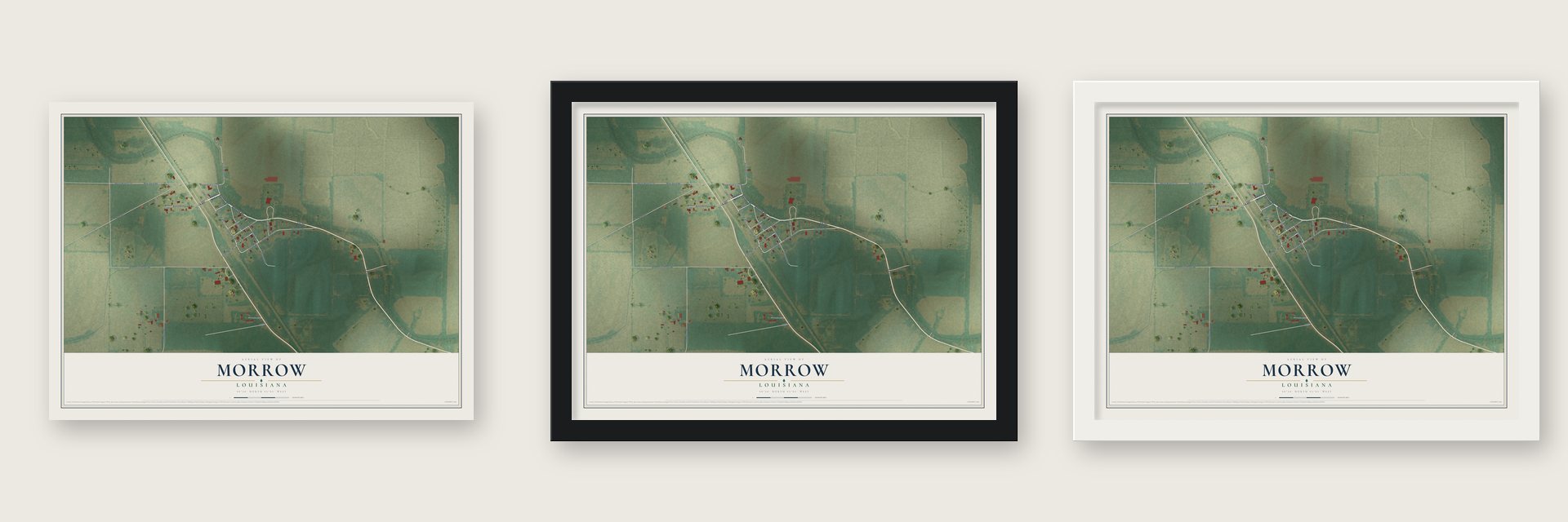 Morrow, Louisiana map unframed, in a black wood frame and in a white wood frame