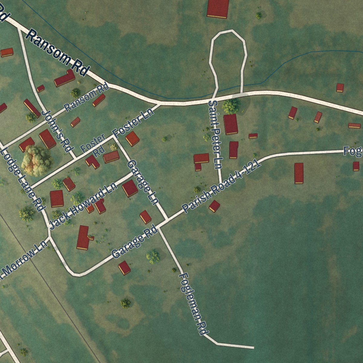 Second close-up of the map of Morrow, Louisiana print showing more streets and buildings