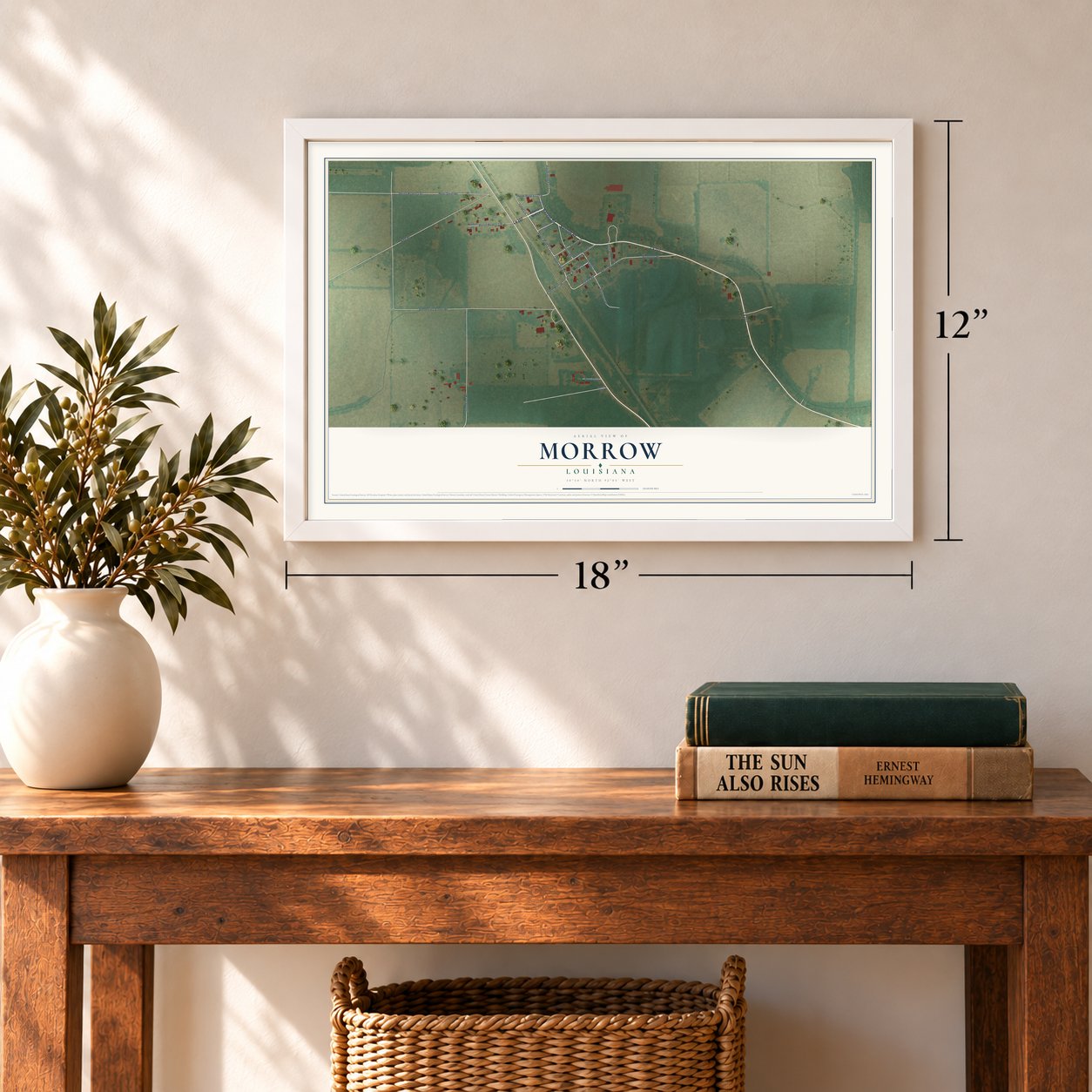 Morrow, Louisiana map, 12 x 18 inch print in a white frame in an entryway