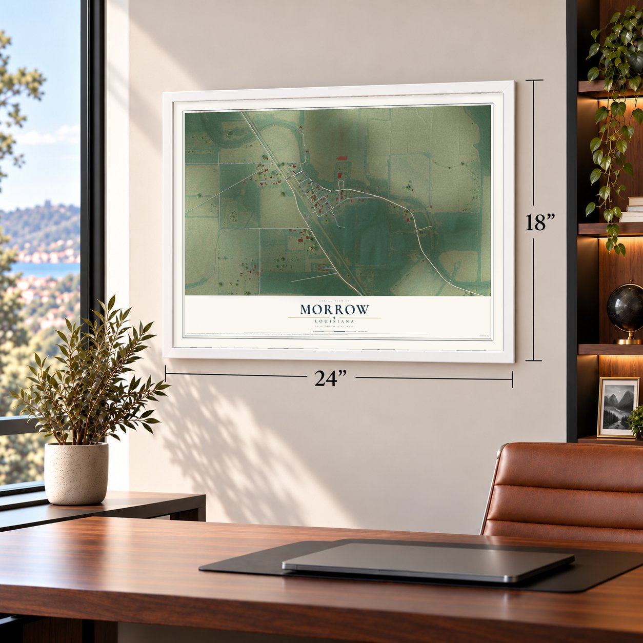 Morrow, Louisiana map, 18 x 24 inch print in a white frame in a home office