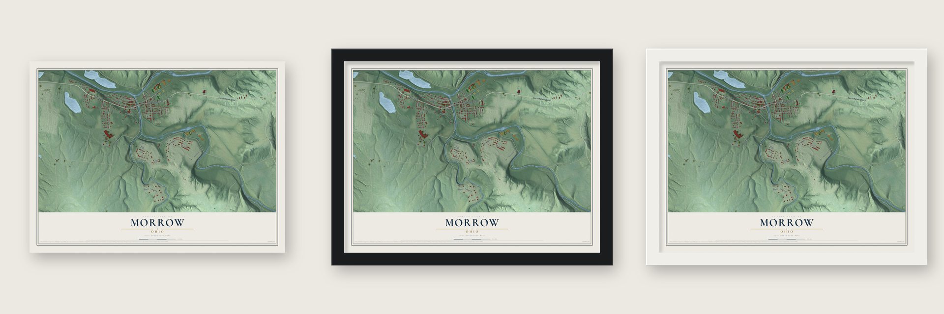 Morrow, Ohio map unframed, in a black wood frame and in a white wood frame