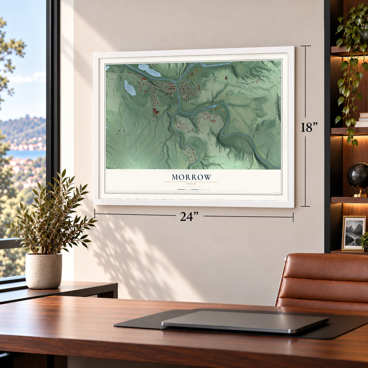 Morrow, Ohio map, 18 x 24 inch print in a white frame in a home office