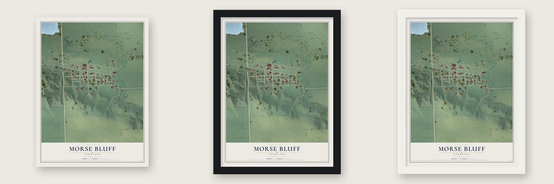 Morse Bluff, Nebraska map unframed, in a black wood frame and in a white wood frame
