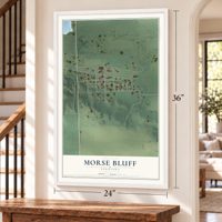 Morse Bluff, Nebraska map, 24 x 36 inch print in a white frame by a staircase