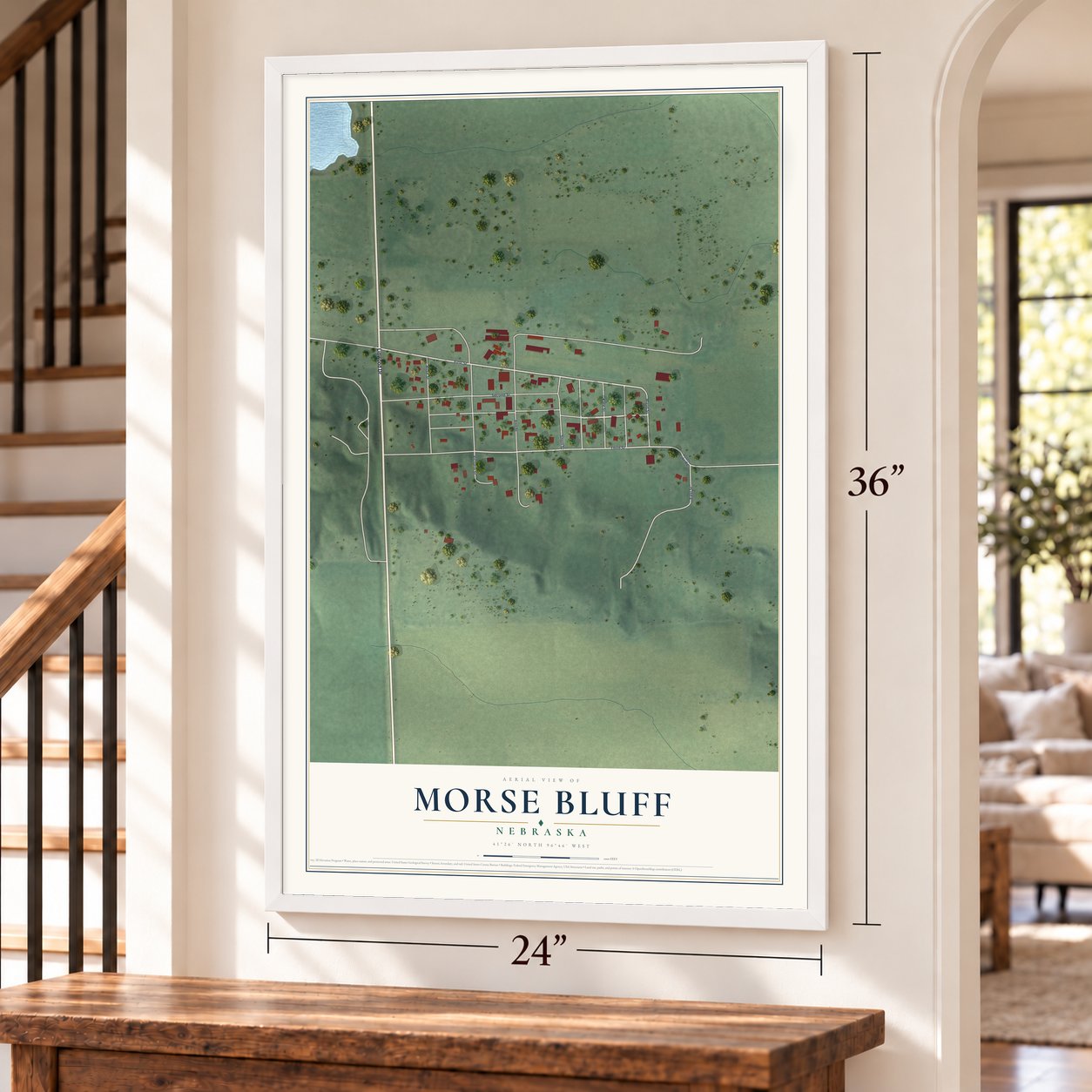 Morse Bluff, Nebraska map, 24 x 36 inch print in a white frame by a staircase