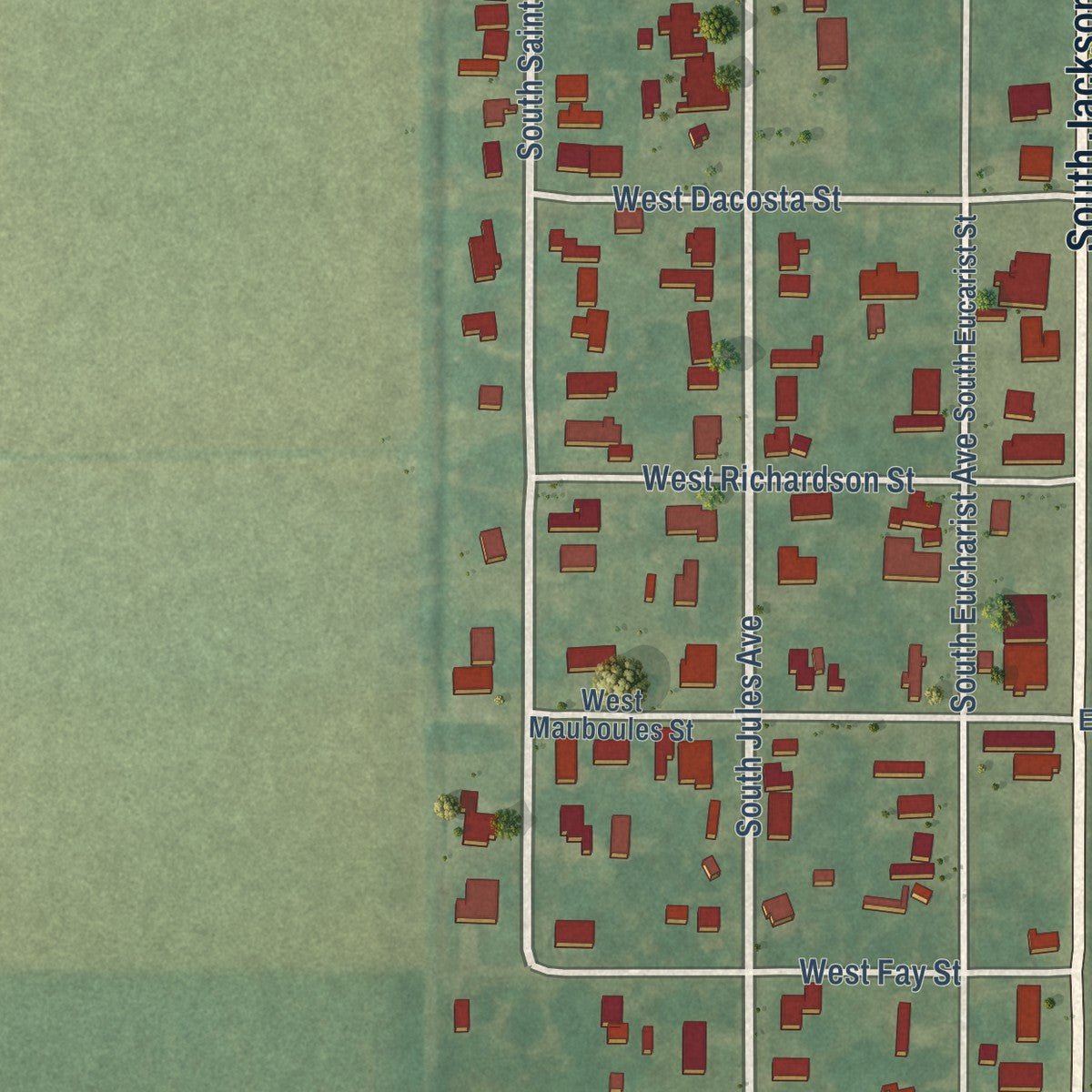 Second close-up of the map of Morse, Louisiana print showing more streets and buildings