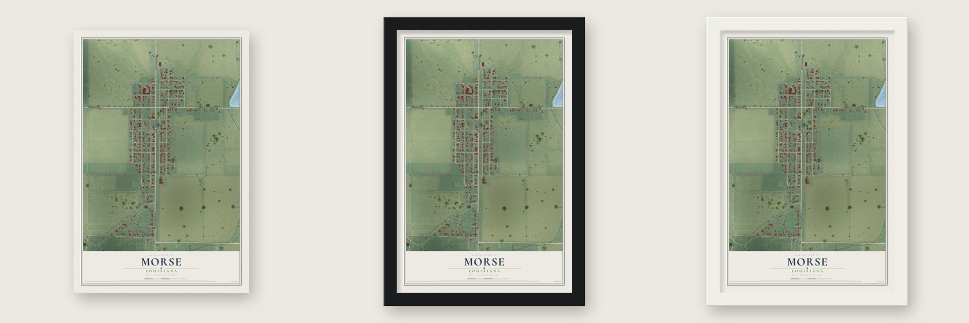 Morse, Louisiana map unframed, in a black wood frame and in a white wood frame