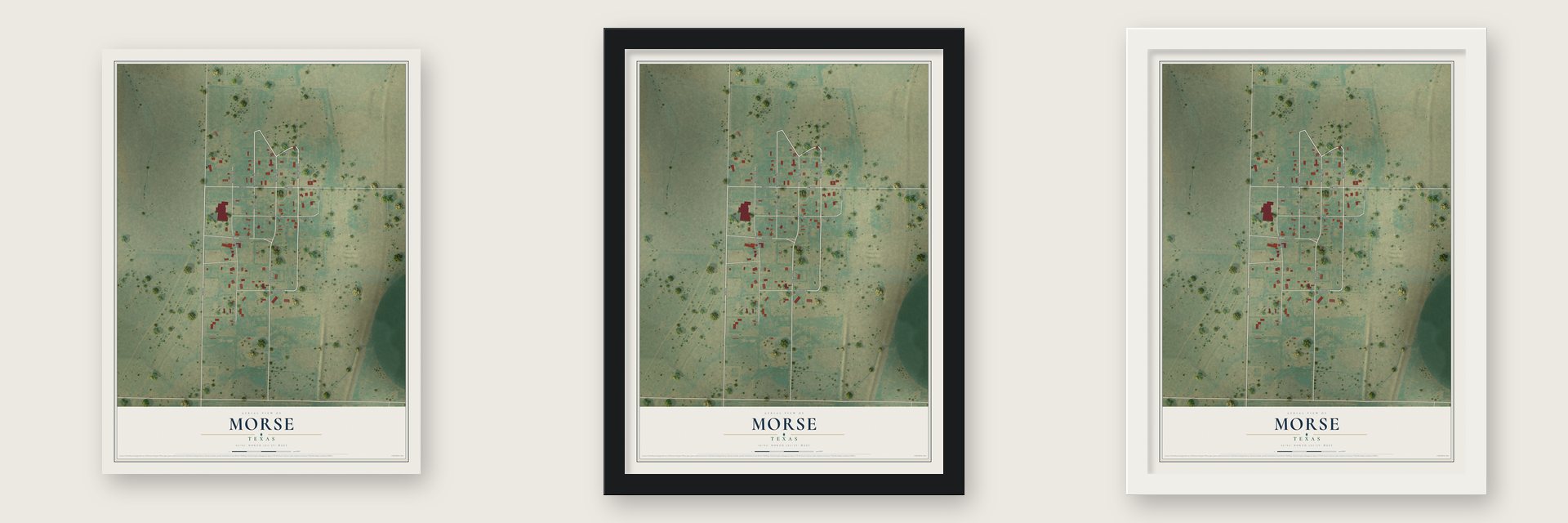 Morse, Texas map unframed, in a black wood frame and in a white wood frame