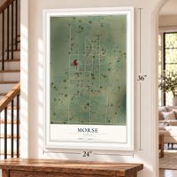 Morse, Texas map, 24 x 36 inch print in a white frame by a staircase