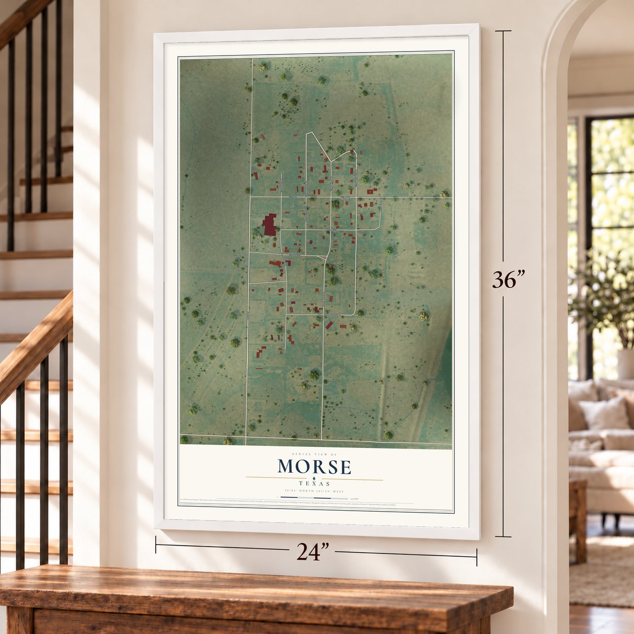 Morse, Texas map, 24 x 36 inch print in a white frame by a staircase