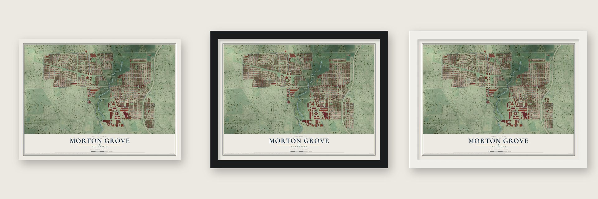 Morton Grove, Illinois map unframed, in a black wood frame and in a white wood frame