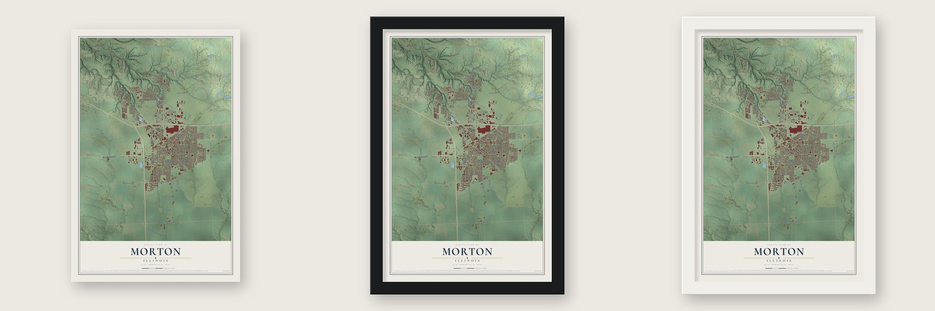 Morton, Illinois map unframed, in a black wood frame and in a white wood frame