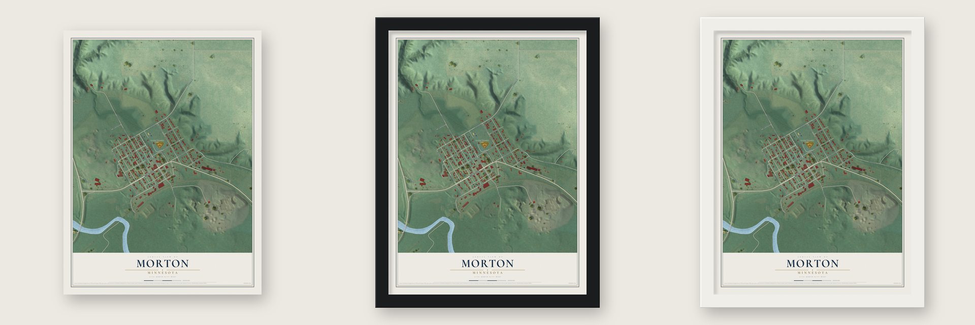 Morton, Minnesota map unframed, in a black wood frame and in a white wood frame